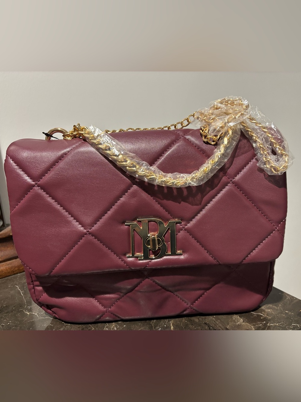 Badgley Mischka Quilted Burgundy Shoulder Bag with Gold Hardware